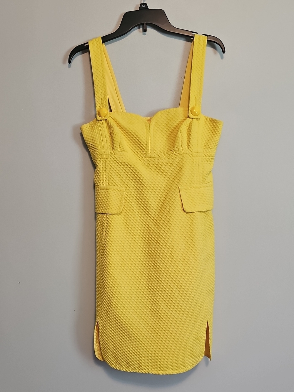 Trina Turk Retro Yellow Textured Midi Dress with Button-Strap Shoulders